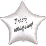 Balónek fóliový bílá hvězda saten Krásné narozeniny! 
